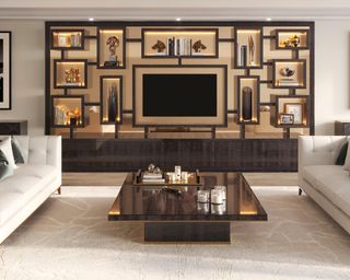 Art Deco style media unit within a living room with coffee table