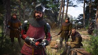 A group of soldiers at a camping site looking at Henry during the RPG Kingdom Come Deliverance 2