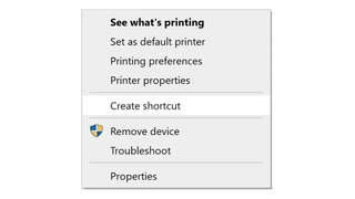A right-click dialogue box with options for a printer shortcut