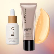 Collage of tinted moisturizers by Ilia, Bare Minerals, and Nars with photo of woman with makeup overlaid on gradient background