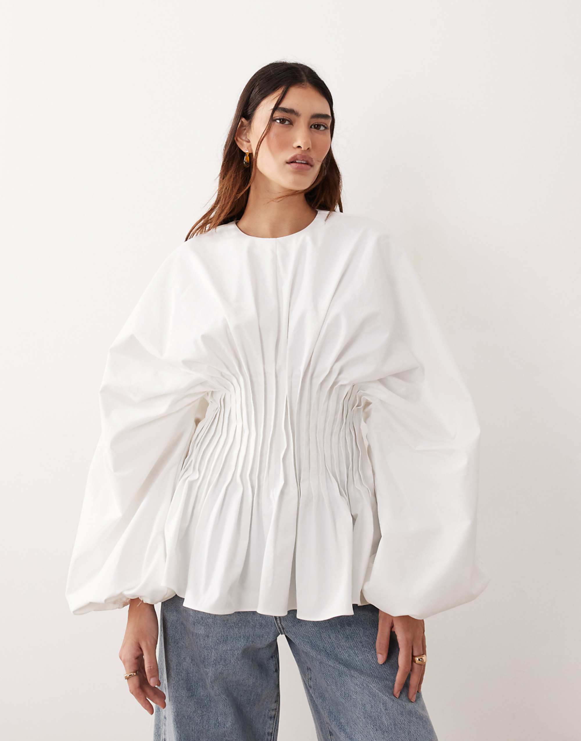 Arrange Volume Sleeve Pleated Cinched Waist Top in White