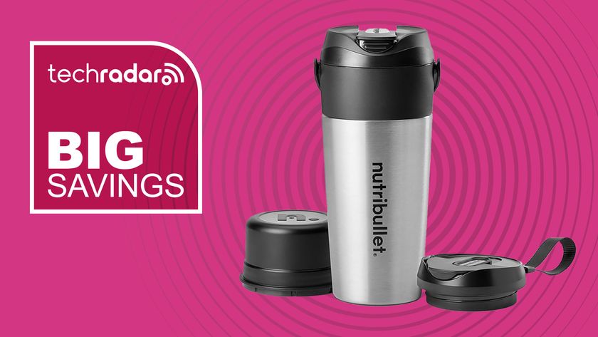 Nutribullet Flip blender on pink background with white text reading &quot;TechRadar big savings&quot;