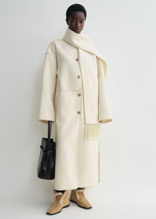 Embroidered Scarf Coat Off White