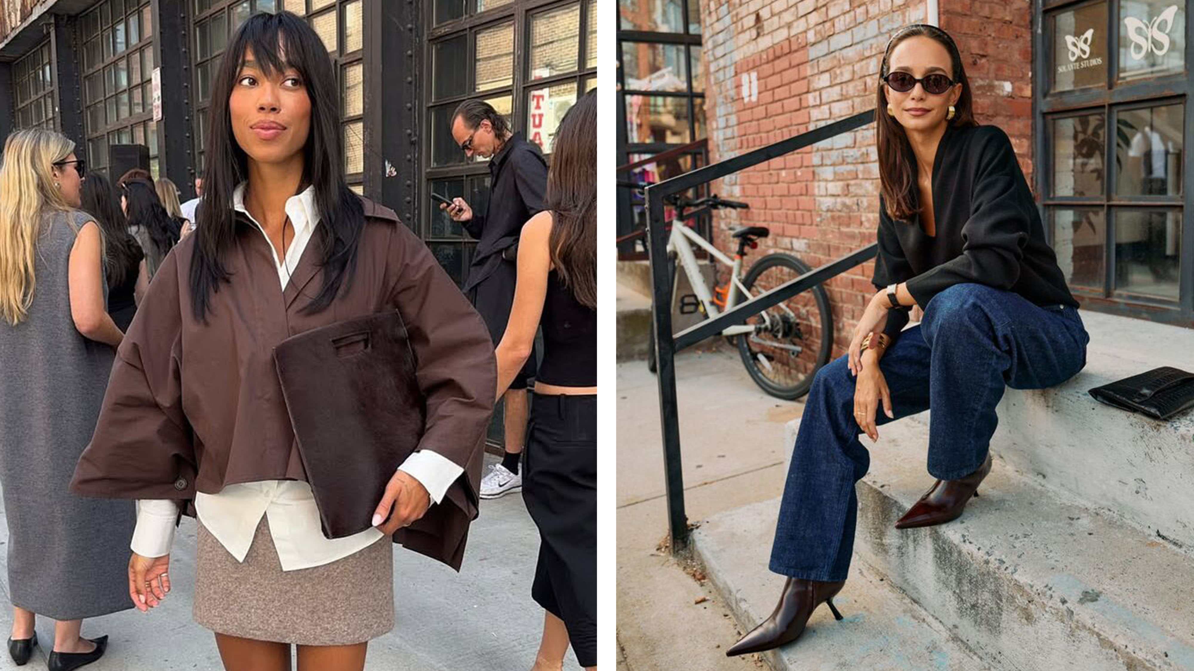 Women in brown jacket and mini skirt; Woman in black sweater and jeans