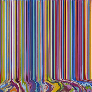 A painting made of many colourful vertical lines which smudge together at the bottom.