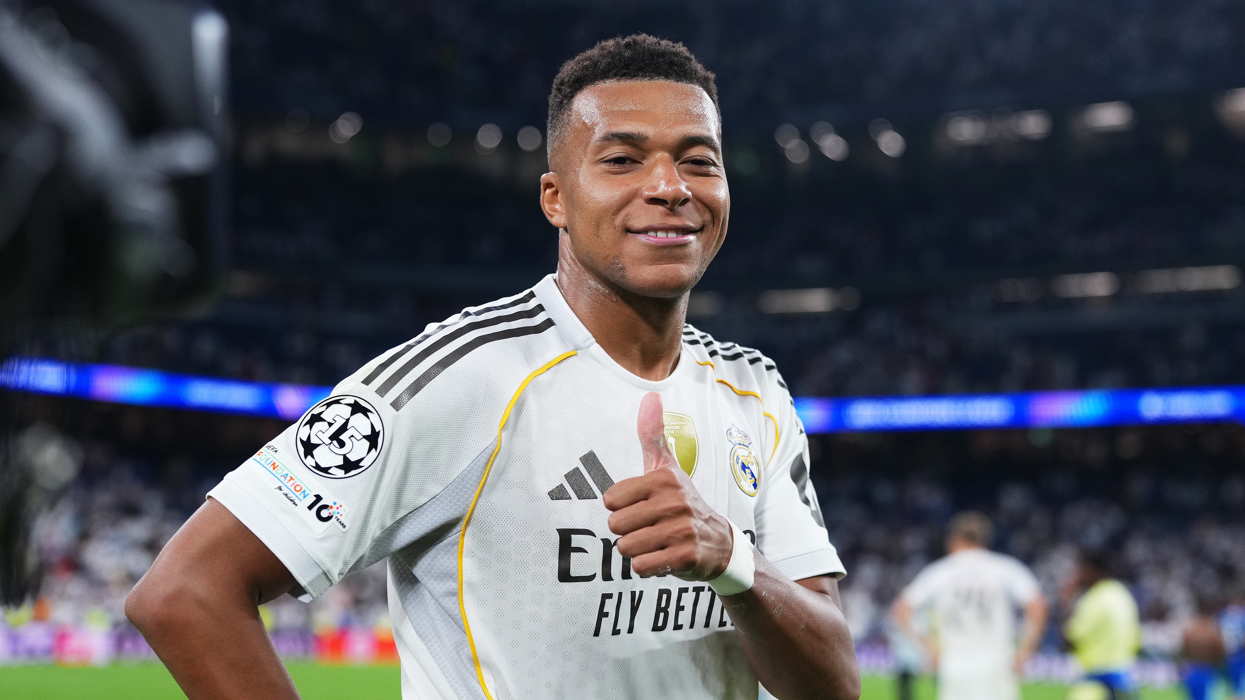 Kylian Mbappe of Real Madrid celebrates after the team&#039;s victory in the UEFA Champions League 2025/26 League Phase MD1 match between Real Madrid C.F. and Olympique de Marseille at Estadio Santiago Bernabeu on September 16, 2025 in Madrid, Spain. 