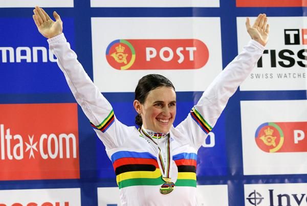 Tara Whitten (Canada) with her gold medal and rainbow jersey for winning the women's omnium.