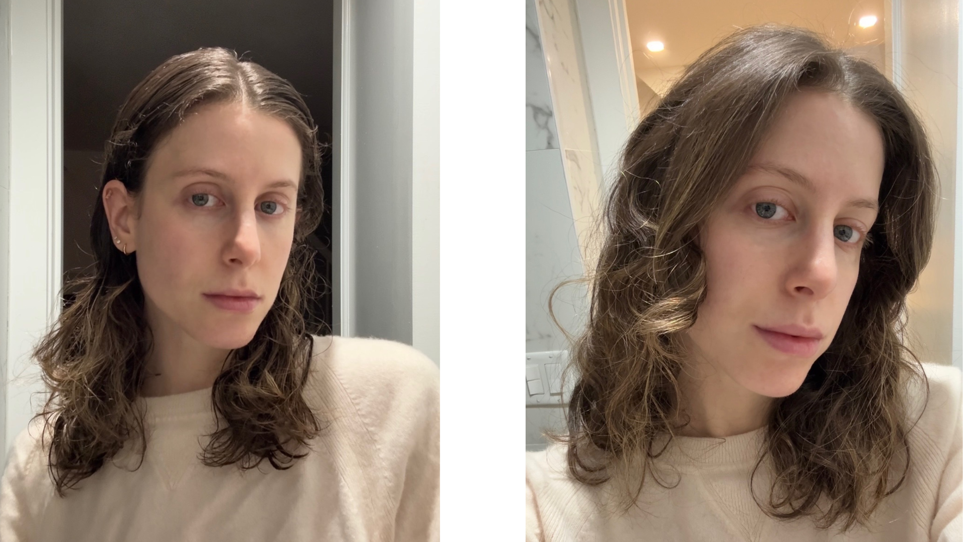 Jamie Schneider before and after testing the Hindsgaul Hair mousse.
