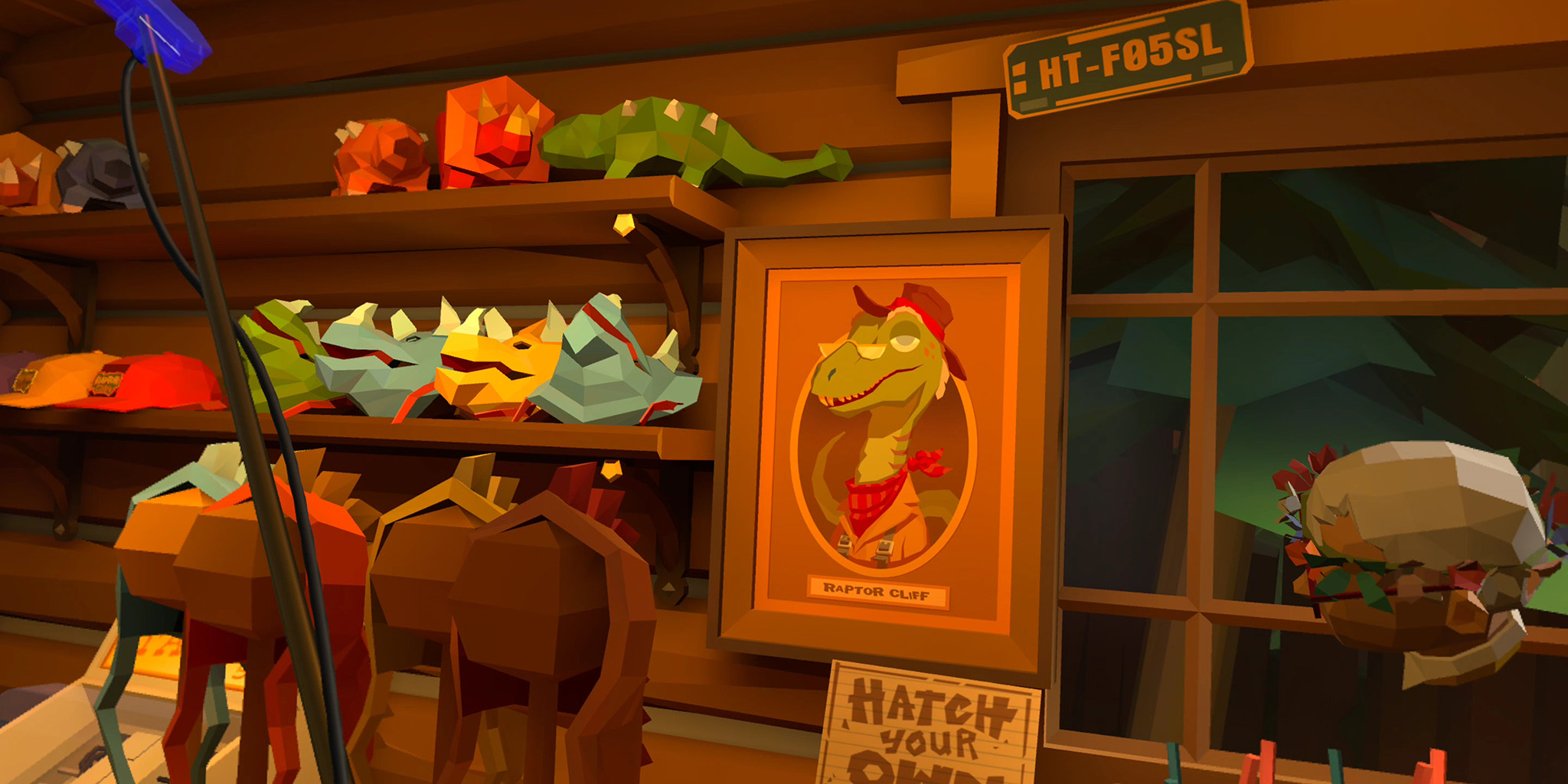 A screenshot of the Raptor Cliff's course in Walkabout Mini Golf taken from a Meta Quest 3 showing Raptor Cliff's portrait in the gift shop