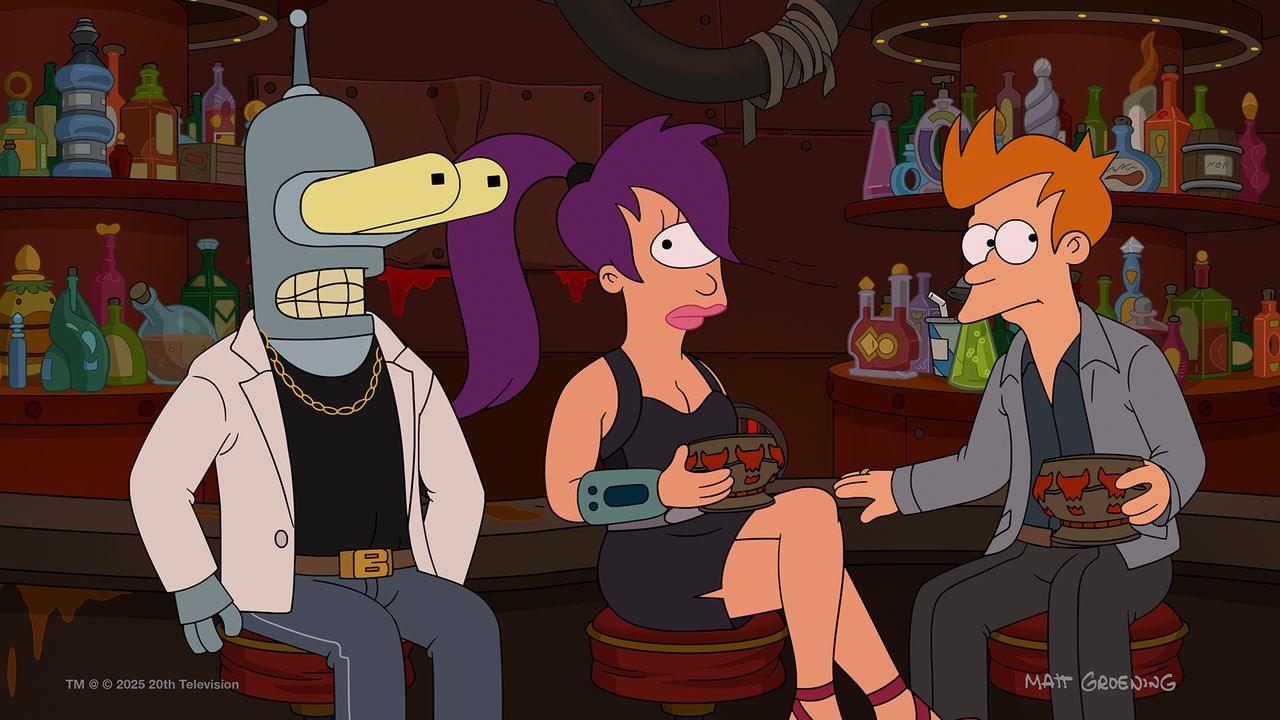 Bender, Fry, and Leela sitting in a bar holding the same drinks the Robot Devil was mixing.