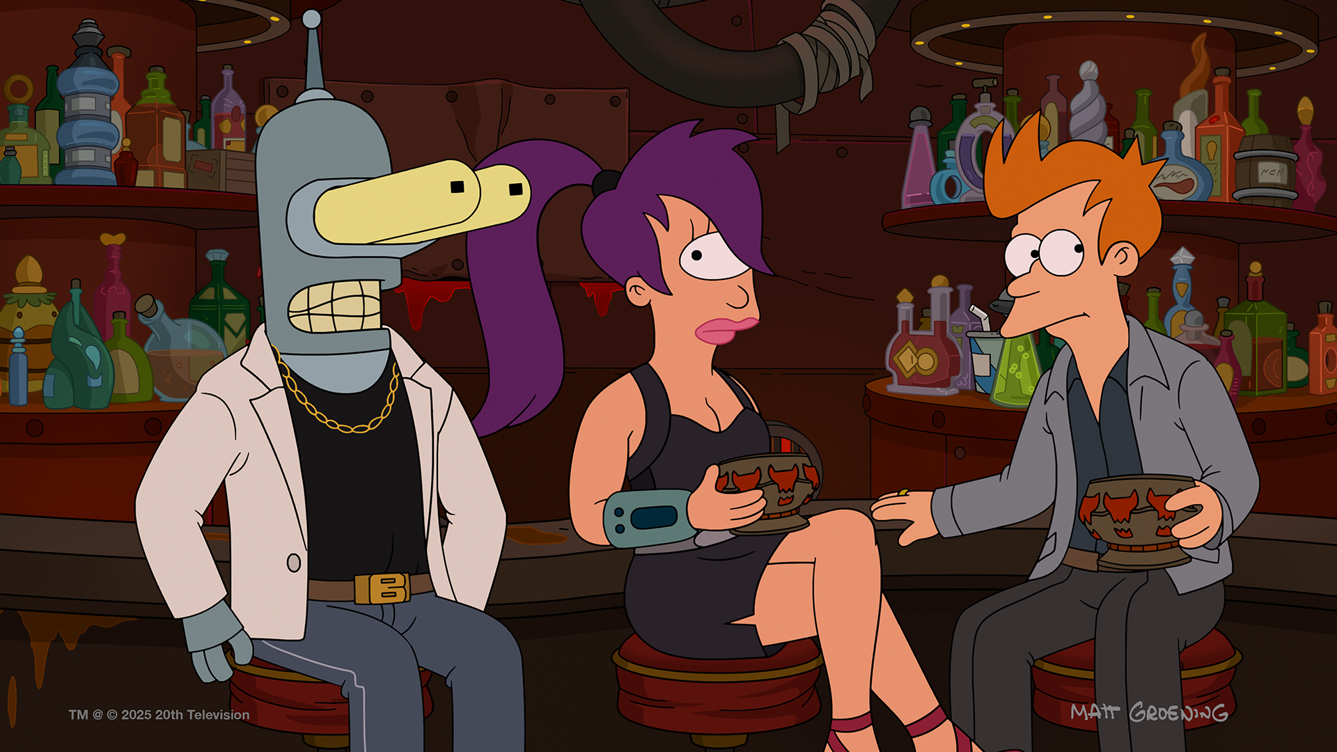 Bender, Fry, and Leela sitting in a bar holding the same drinks the Robot Devil was mixing.