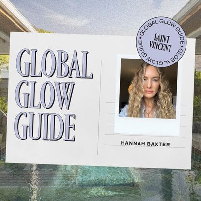 a postcard with the words "global glow guide" in purple with a photo of a blonde white woman with curly hair