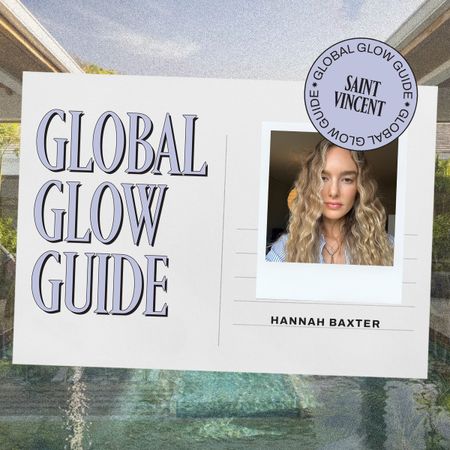 a postcard with the words "global glow guide" in purple with a photo of a blonde white woman with curly hair 