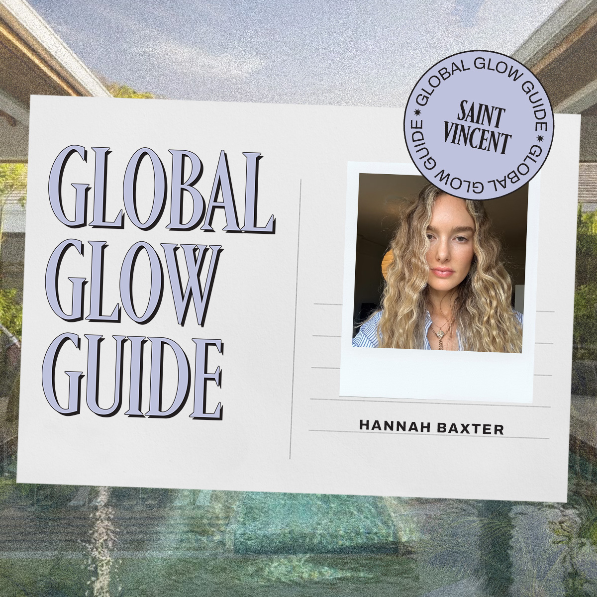 a postcard with the words "global glow guide" in purple with a photo of a blonde white woman with curly hair 