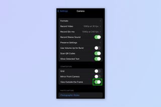 A screenshot showing how to enable View Outside the Frame on iPhone
