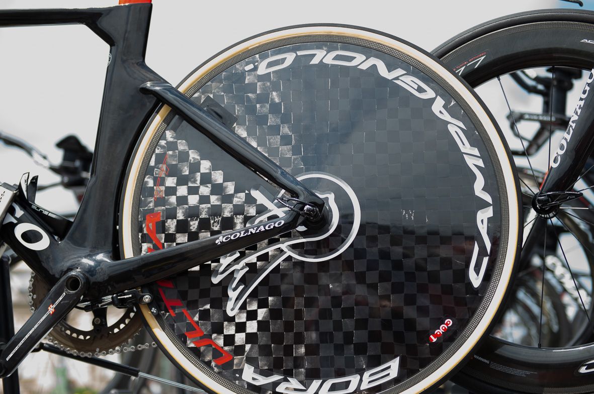 The Campagnolo Bora Ultra rear disc wheel has a large carbon weave visible