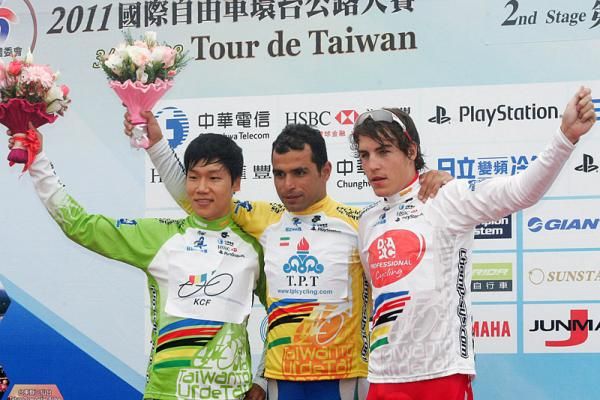 Stage 2 classification leaders (l-r): Chan Jae Jang, points leader; Mehdi Sohrabi, overall leader; Adam Phelan, best young rider.