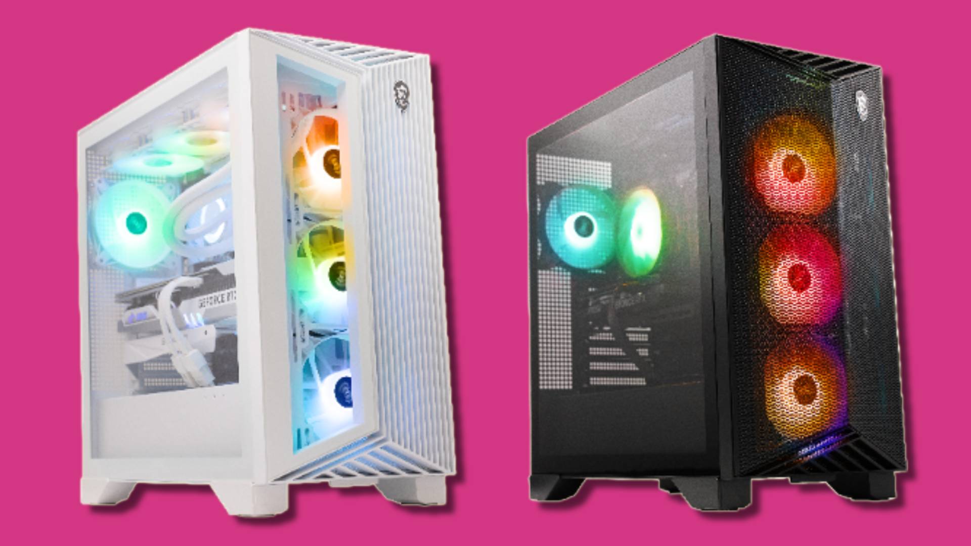 one white and one black gaming PCs against pink background
