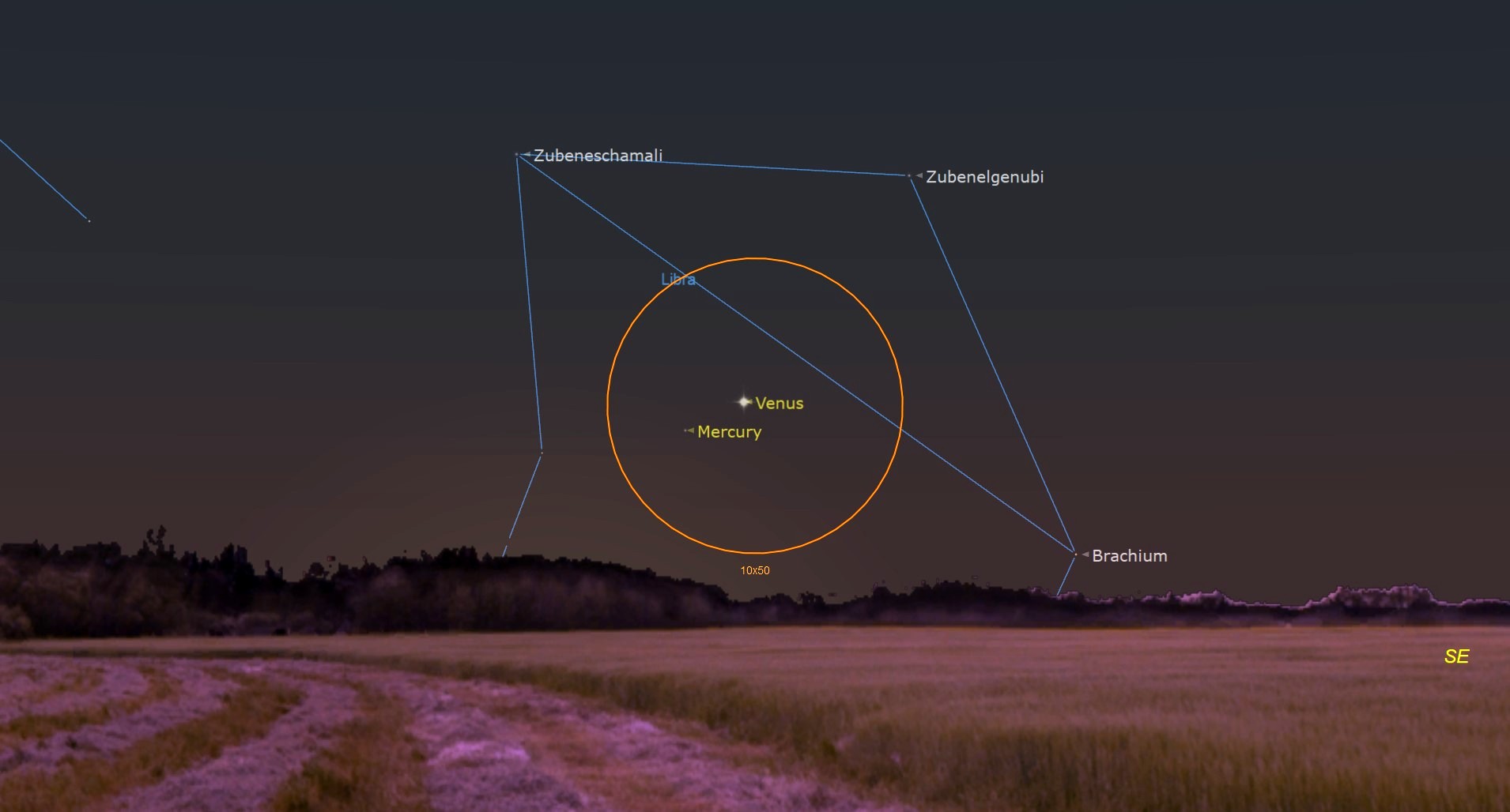 A map of the night sky above a cornfield with an orange circle with Venus and Mercury together.