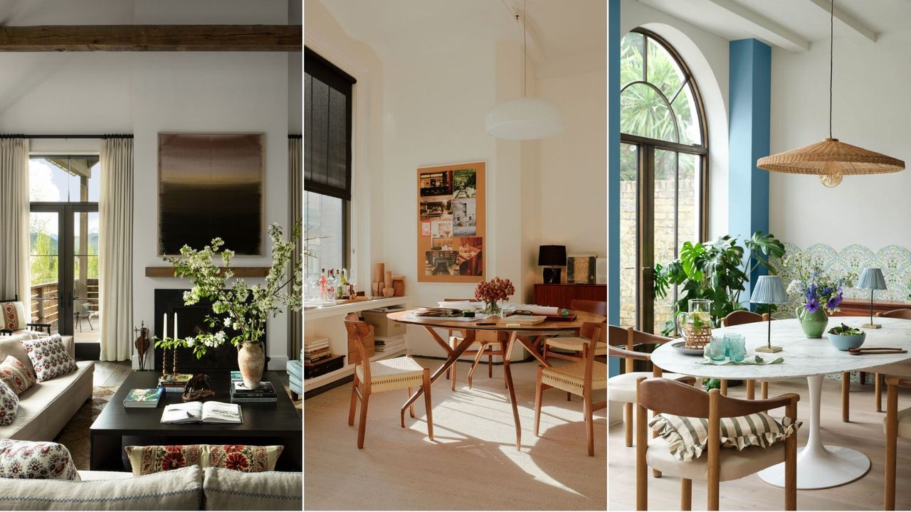 Light and airy living room with sofa and flowers, bright office space with wooden chairs, dining room with arched window