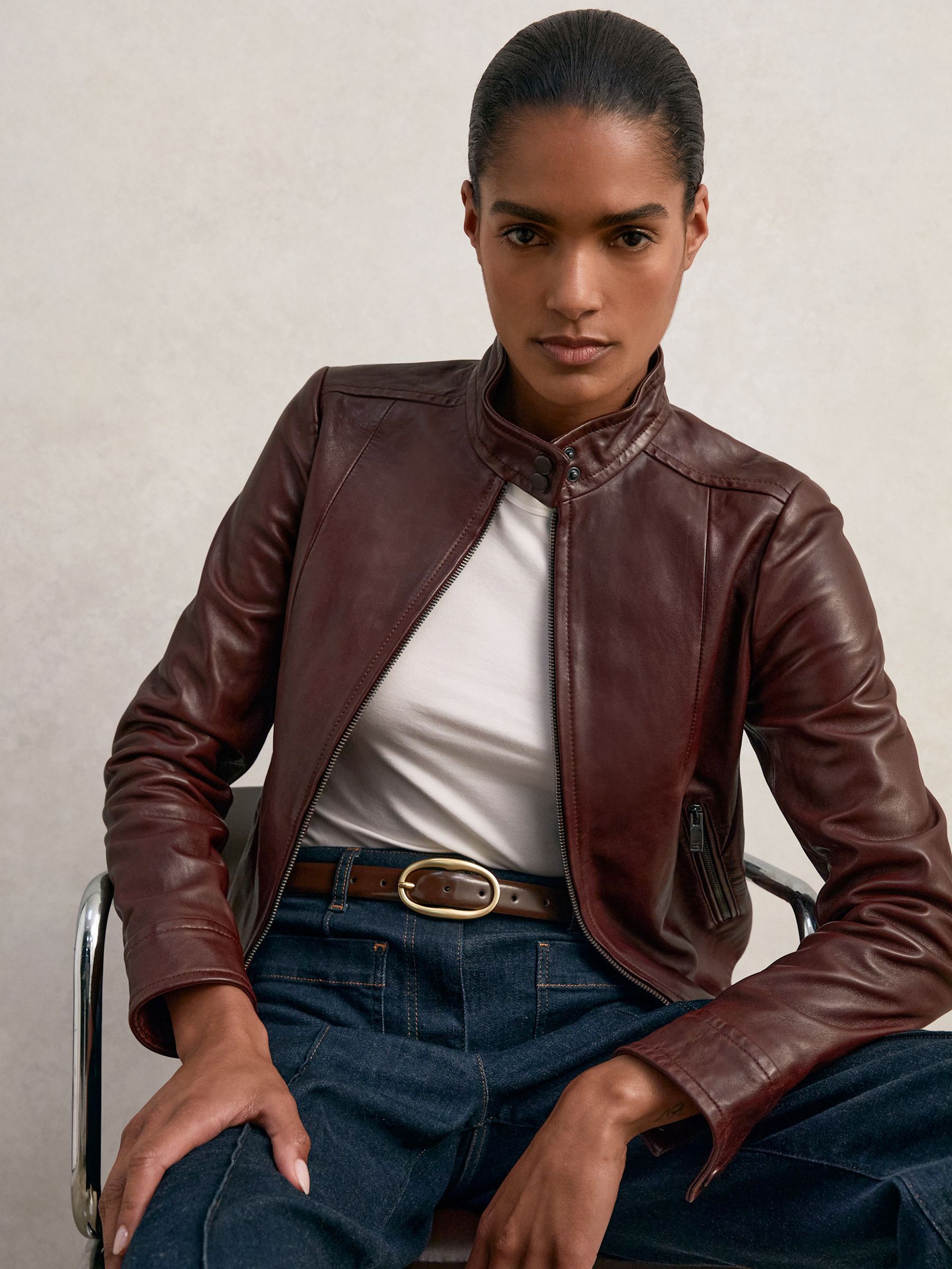 Fitted Leather Biker Jacket in Burgundy