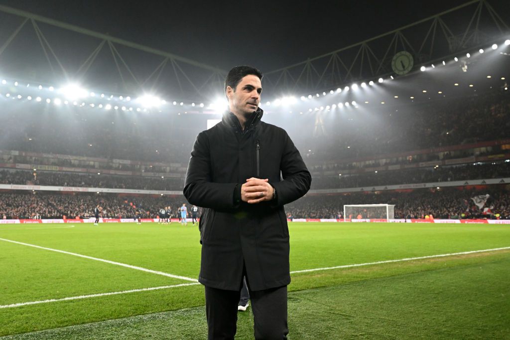 Mikel Arteta, Manager of Arsenal, looks on prior to the Premier League match between Arsenal FC and Aston Villa FC at Emirates Stadium on January 18, 2025 in London, England. 