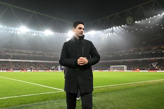 Mikel Arteta, Manager of Arsenal, looks on prior to the Premier League match between Arsenal FC and Aston Villa FC at Emirates Stadium on January 18, 2025 in London, England. 