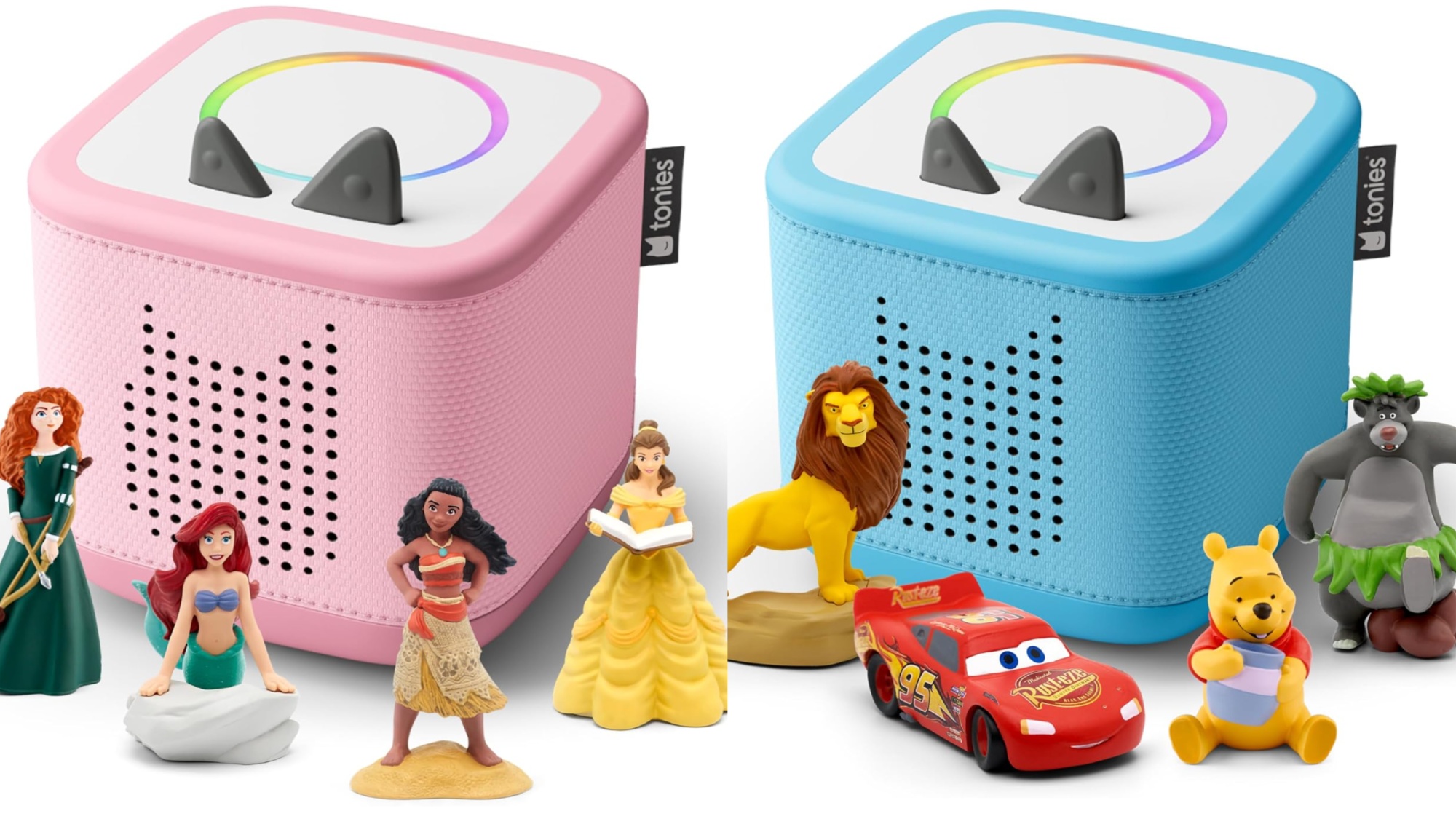 A pink Toniebox 2 with Merida, Ariel, Moana, and Belle. It's next to a blue Toniebox 2 with Simba, Lightning McQueen, Winnie The Pooh, and Baloo. 