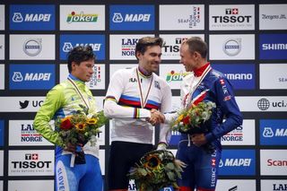Tom Dumoulin with Primoz Roglic and Chris Froome on the podium