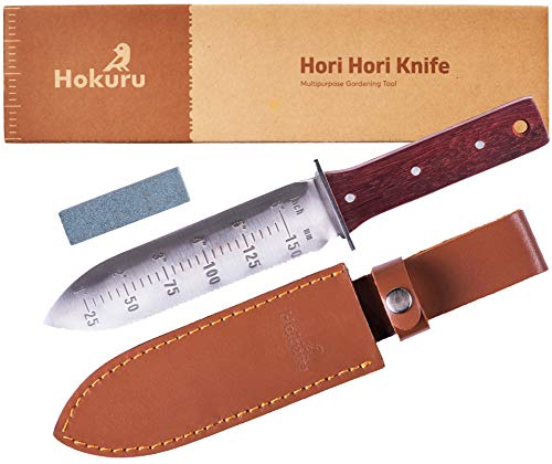 Hokuru Hori Hori Knife - Landscaping, Digging, Weeding, Cutting, Planting Gardening Tool With Leather Sheath, Stainless Steel Blade and Sharpening Stone