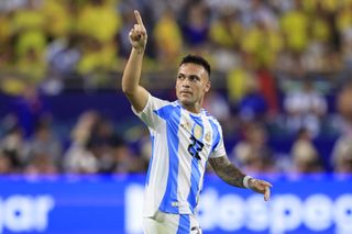 Lautaro Martinez celebrates after scoring his winning goal in the 2024 Copa America final for Argentina against Colombia in July 2014.