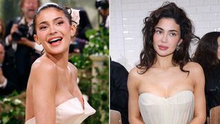 A split photo of Kylie Jenner wearing no-makeup makeup and curly hair at the 2024 Met Gala in May and Paris Fashion Week in January.