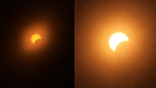 Fotosammenligning av solformørkelsen i 2024, tatt med forskjellige mobiltelefoner.