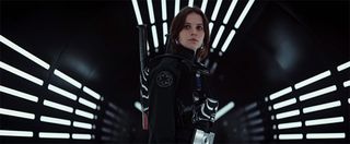 Screenshot from the "Rogue One: A Star Wars Story" movie trailer showing Felicity Jones as Rebel leader Jyn Erso