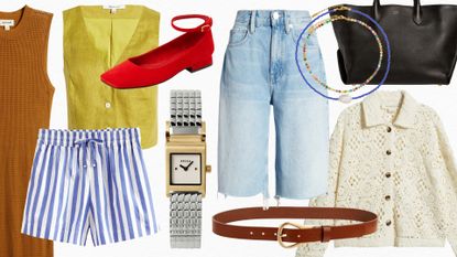 Collage of fashion pieces from Nordstrom shorts, vest, flats, watch, belt, necklace, sweater 