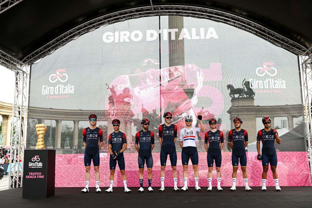 VISEGRAD HUNGARY MAY 06 Richard Carapaz of Ecuador Nicolas Jonathan Castroviejo of Spain Ben Tulett of United Kingdom Jhonnatan Narvaez Prado of Ecuador Richie Porte of Australia Salvatore Puccio of Italy Pavel Sivakov of Russia Ben Swift of United Kingdom and Team INEOS Grenadiers during the team presentation prior to the 105th Giro dItalia 2022 Stage 1 a 195km stage from Budapest to Visegrd 337m Giro WorldTour on May 06 2022 in Visegrad Hungary Photo by Stuart FranklinGetty Images