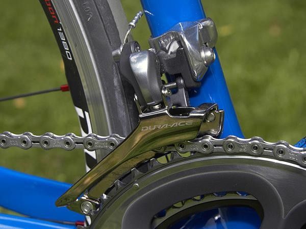 The new front derailleur uses a wider cage so there's no chain rub in the big-big combination yet shift performance is still superb.