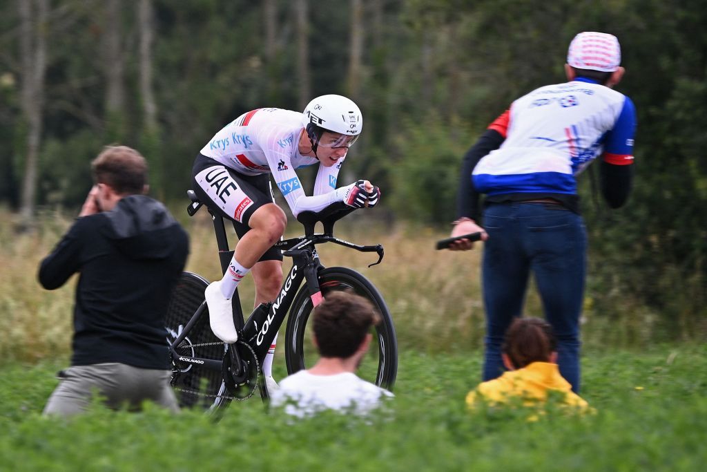 Team UAE Emirates Tadej Pogacar of Slovenia rides during the 5th stage of the 108th edition of the Tour de France cycling race a 27 km time trial between Change and Laval on June 30 2021 Photo by AnneChristine POUJOULAT AFP Photo by ANNECHRISTINE POUJOULATAFP via Getty Images
