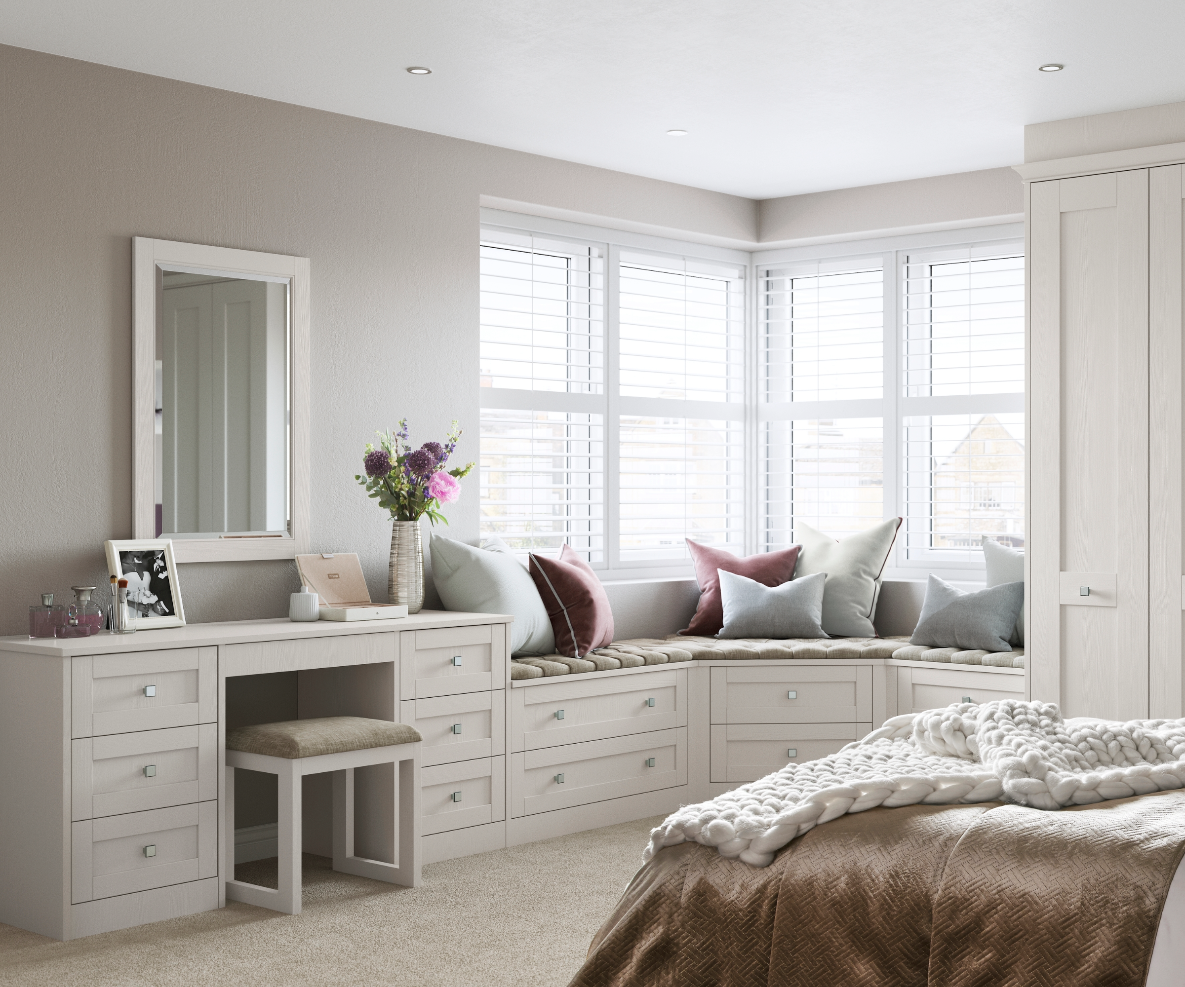 Built in storage with wardrobe, window seat and dressing table