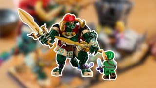 Lego Ganon facing Lego Link, surrounded by a white outline, against a blurred background