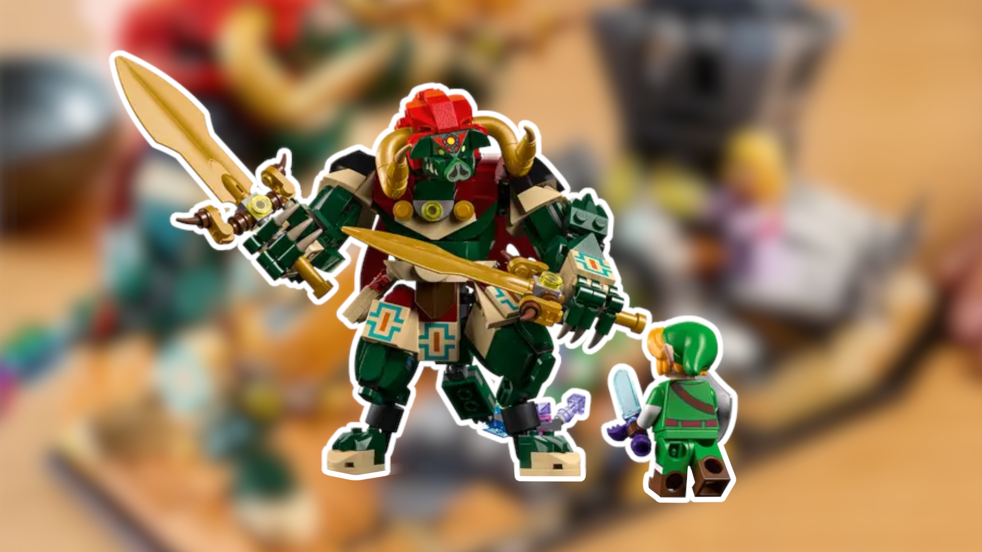 Lego Ganon facing Lego Link, surrounded by a white outline, against a blurred background