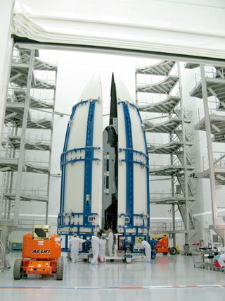The US Air Force X-37B Orbital Test Vehicle during encapsulation within the United Launch Alliance Atlas V 5-meter fairing Feb. 8, 2011, at Astrotech in Titusville, Fla.