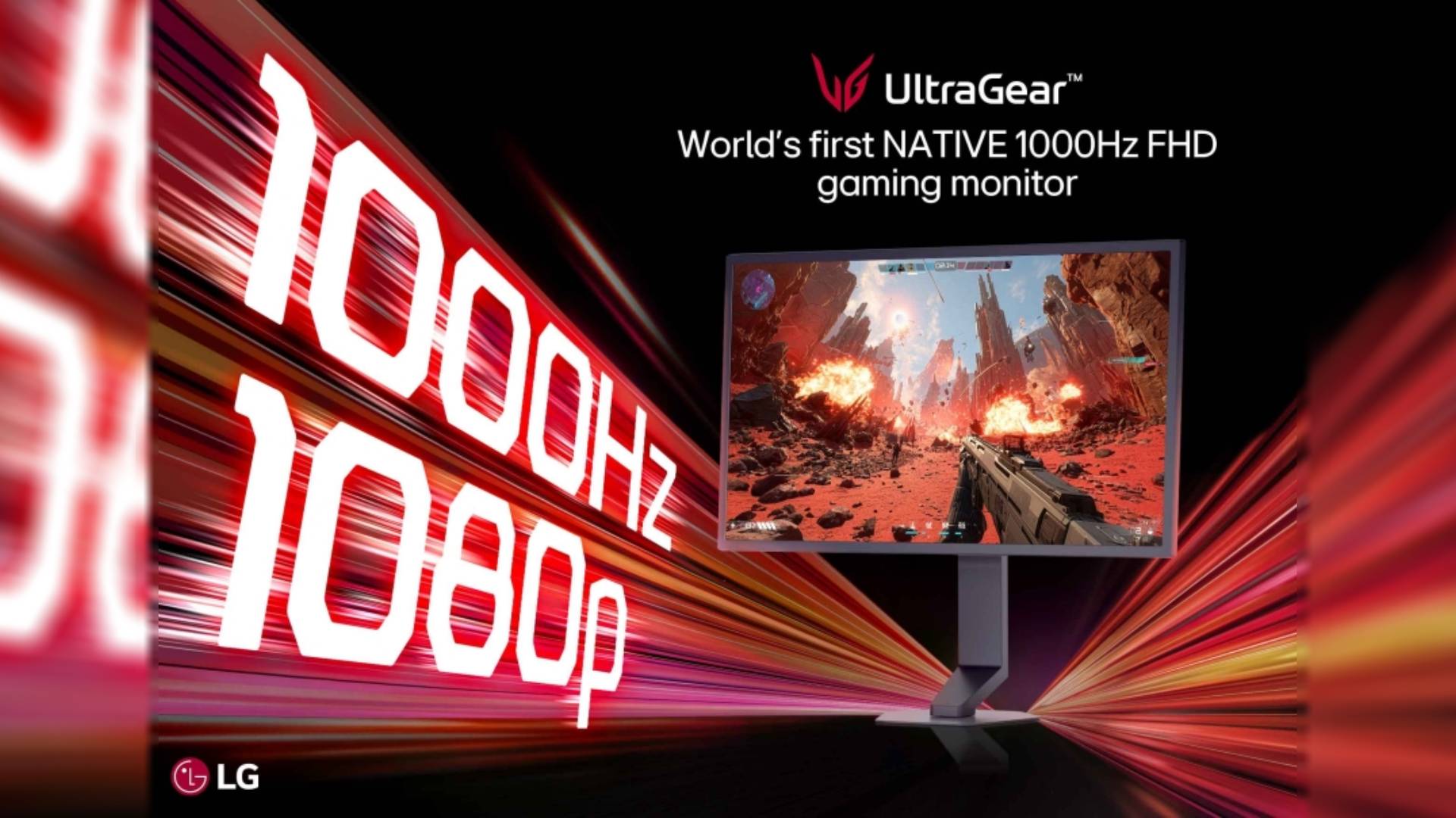 LG UltraGear 25G590B monitor next to "1,000Hz 1080p" text.