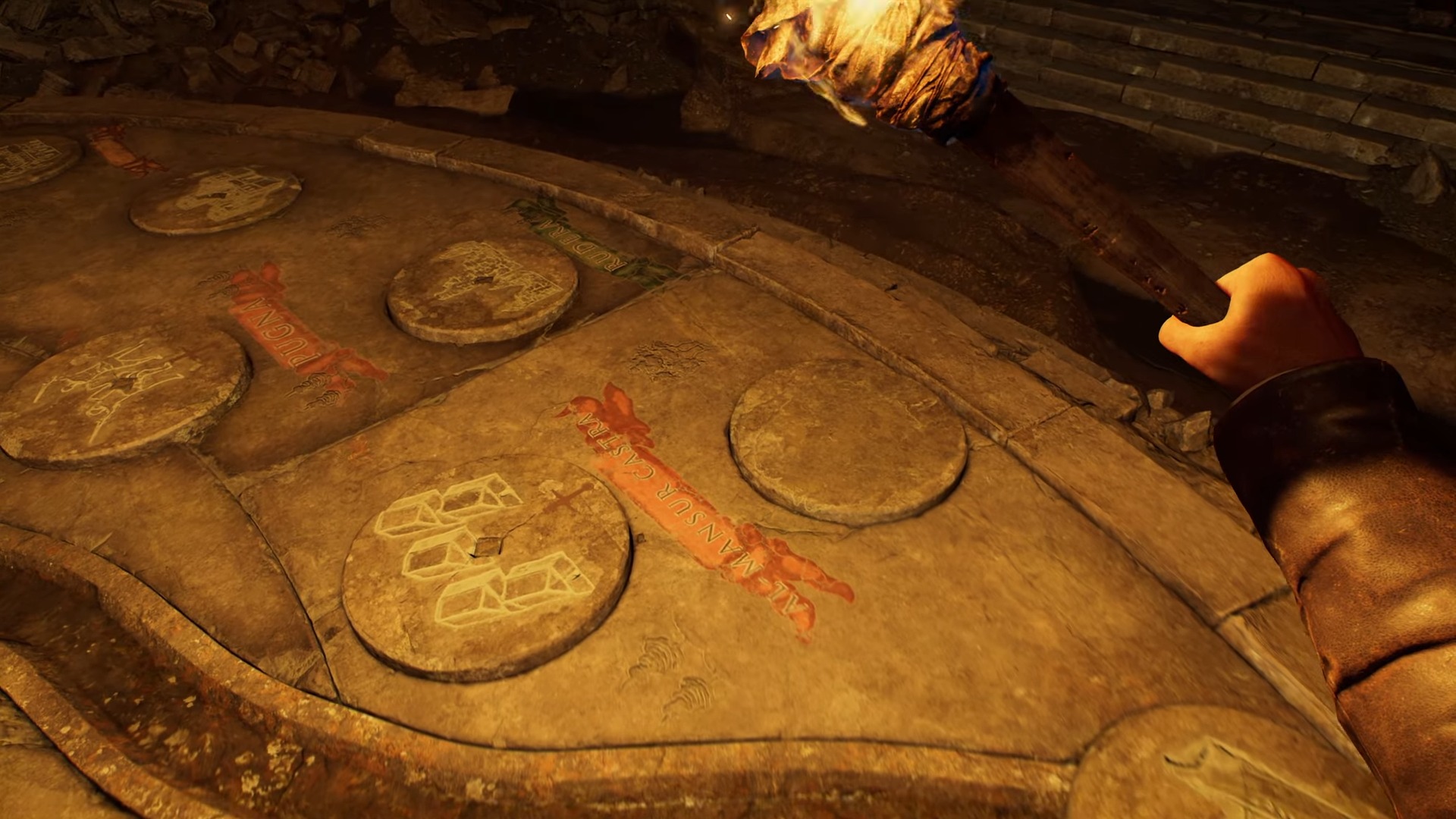 Indy looks at a puzzle by torchlight in Indiana Jones and the Great Circle: The Order of Giants