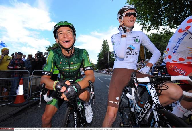 Bryan Coquard (Europcar) with Romain Bardet (AG2R) at the start