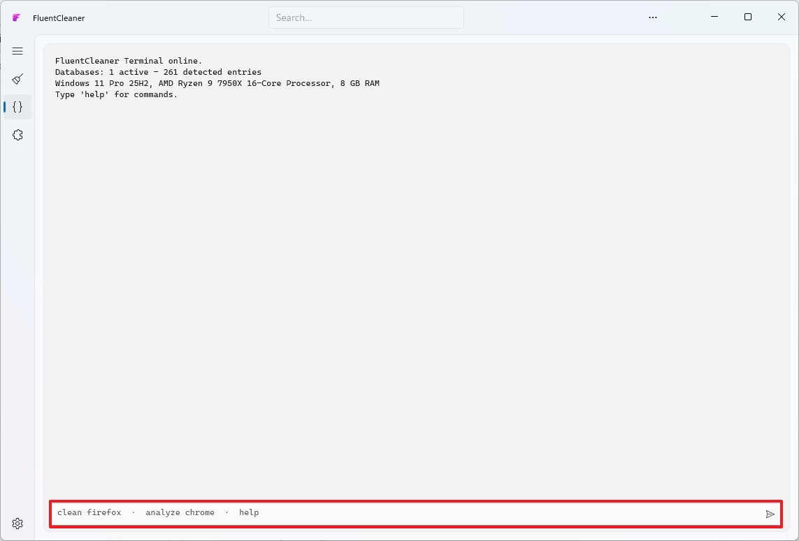 A terminal window within the Fluent Cleaner app displays system information and detected entries. Options like "clean firefox" and "analyze chrome" are at the bottom.