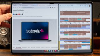 Samsung Galaxy Tab S10 Ultra showing browser on left half of display with TechRadar.com and Calendar on right half. of display