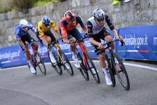 SANREMO ITALY MARCH 18 LR Mathieu Van Der Poel of The Netherlands and Team AlpecinDeceuninck Wout Van Aert of Belgium and Team Jumbo Visma Filippo Ganna of Italy and Team INEOS Grenadiers and Tadej Pogacar of Slovenia and UAE Team Emirates compete in the breakaway in the Poggio di Sanremo during the 114th MilanoSanremo 2023 a 294km one day race from Abbiategrasso to Sanremo MilanoSanremo UCIWT on March 18 2023 in Sanremo Italy Photo by Tim de WaeleGetty Images