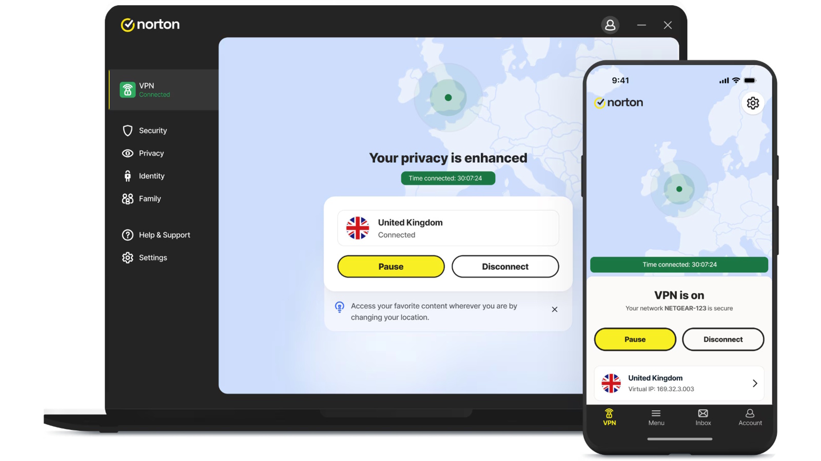 Norton VPN interface showing on a laptop and smartphone.