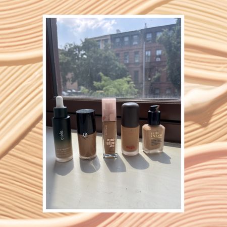 various foundations in front of a window with a building and trees framed on the background of a foundation texture